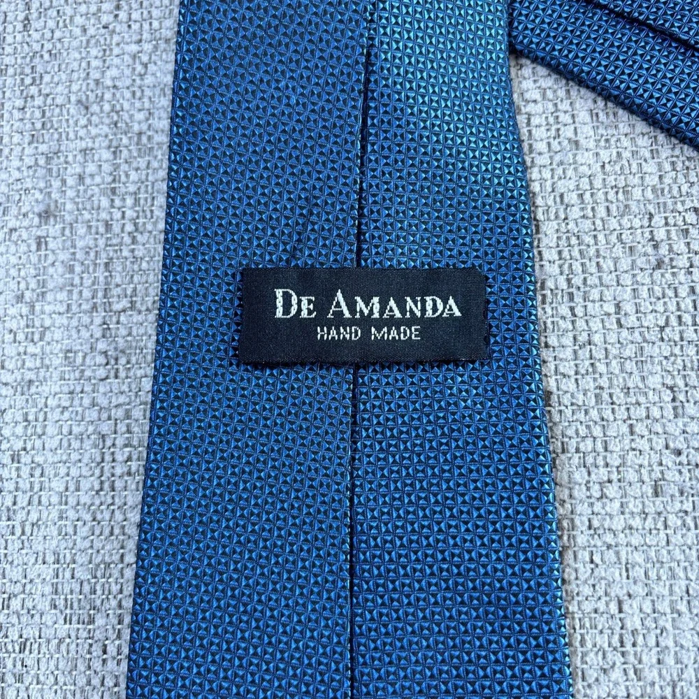 DE AMANDA Mens Blue Geometric Pattern Silk Necktie Hand‎ Made